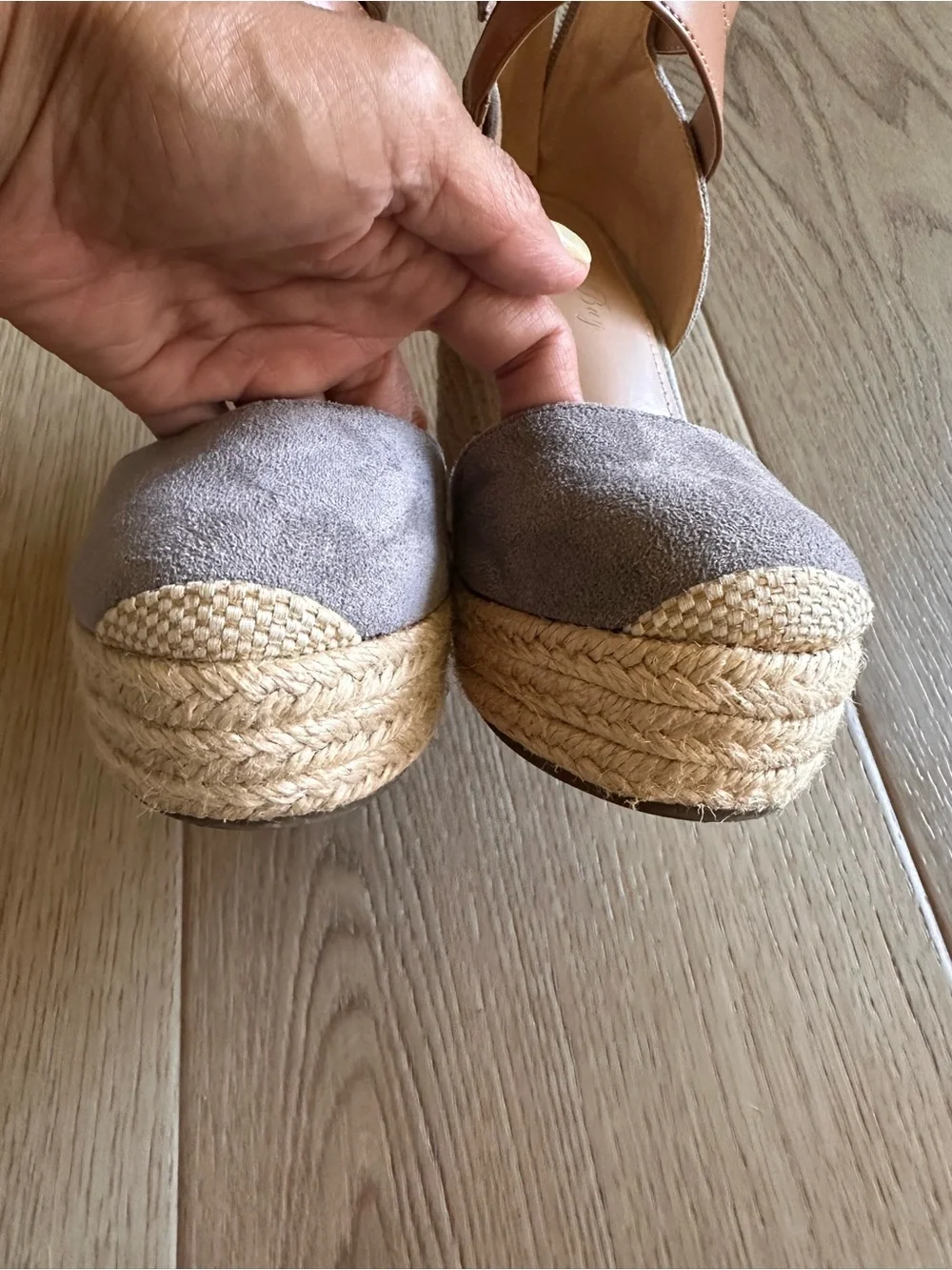 Cap Toe Suede Espadrille Wedges in Light Gray w/Tan Ankle Strap Size 5